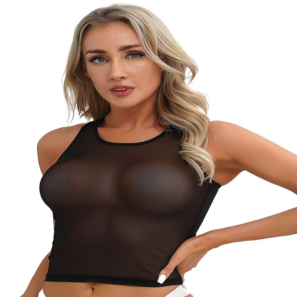 Freebily Women's U Neck Sleeveless Crop Tops See Through Mesh Racerback Tank Top Blouse Tee Shirt Black X-Large