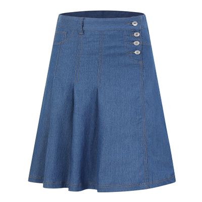 LIONJIE Girls Midi Skirt Denim A-Line Pleated Buttons Over-Knee Mid Waisted with Pocket Blue 5-6 Years