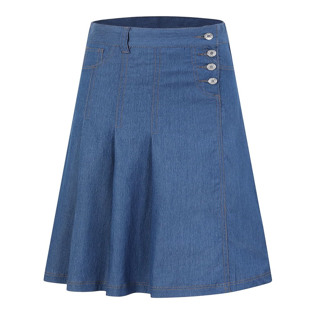 LIONJIE Girls Midi Skirt Denim A-Line Pleated Buttons Over-Knee Mid Waisted with Pocket Blue 5-6 Years