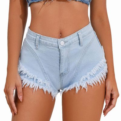 Golirsteca Women's Mid-Waist Denim Short Distressed Double Raw Hem Casual Elastic Jean Shorts