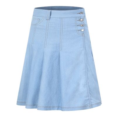 LIONJIE Little Girls Denim Skirt Pleated A-Line Stretch Buttons Over-Knee Midi with Pocket Light Blue 3-4 Years