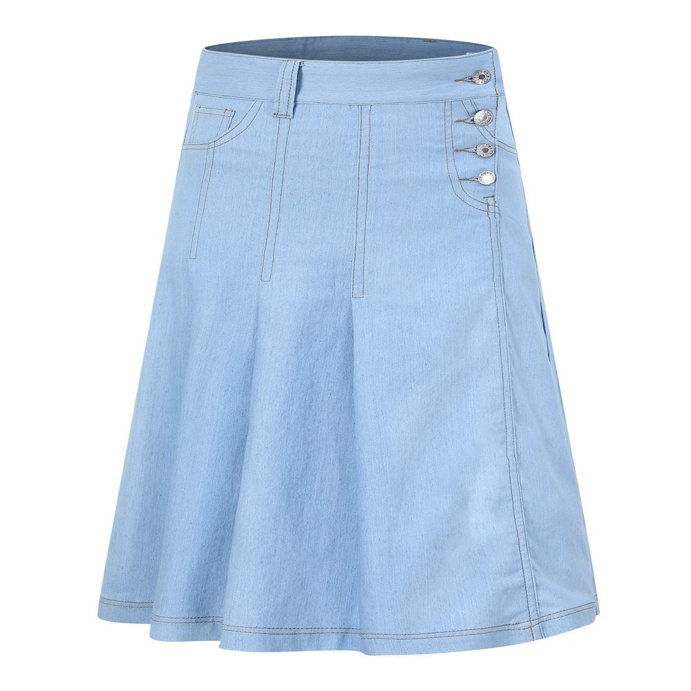 LIONJIE Little Girls Denim Skirt Pleated A-Line Stretch Buttons Over-Knee Midi with Pocket Light Blue 3-4 Years
