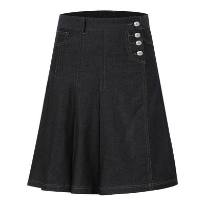 LIONJIE Girls Casual Denim Skirt Midi Pleated Buttons A-Line Over-Knee with Pocket Black 7-8 Years