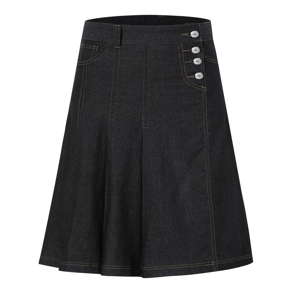 LIONJIE Girls Casual Denim Skirt Midi Pleated Buttons A-Line Over-Knee with Pocket Black 7-8 Years