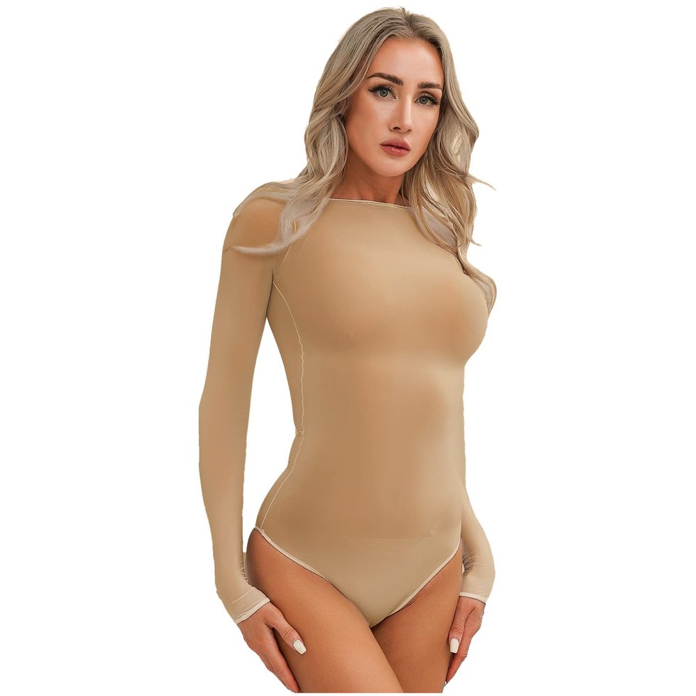 Lejafay Women Long Sleeve Bodysuit Turtleneck Sheer Mesh Bodysuit Leotards Shapewear Bikini Swimsuit Coffee Crotchless One Size