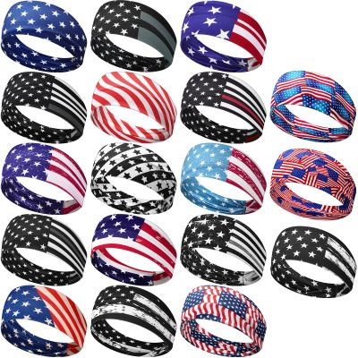 Wavyknot 18 Pcs Sports Sweatbands for Men Women Camo Headbands Workout Non Slip Headbands Breathable Head Band Fitness Stretchy Unisex Hairband for Yoga Running Cycling Ball (Red Blue,Flag)