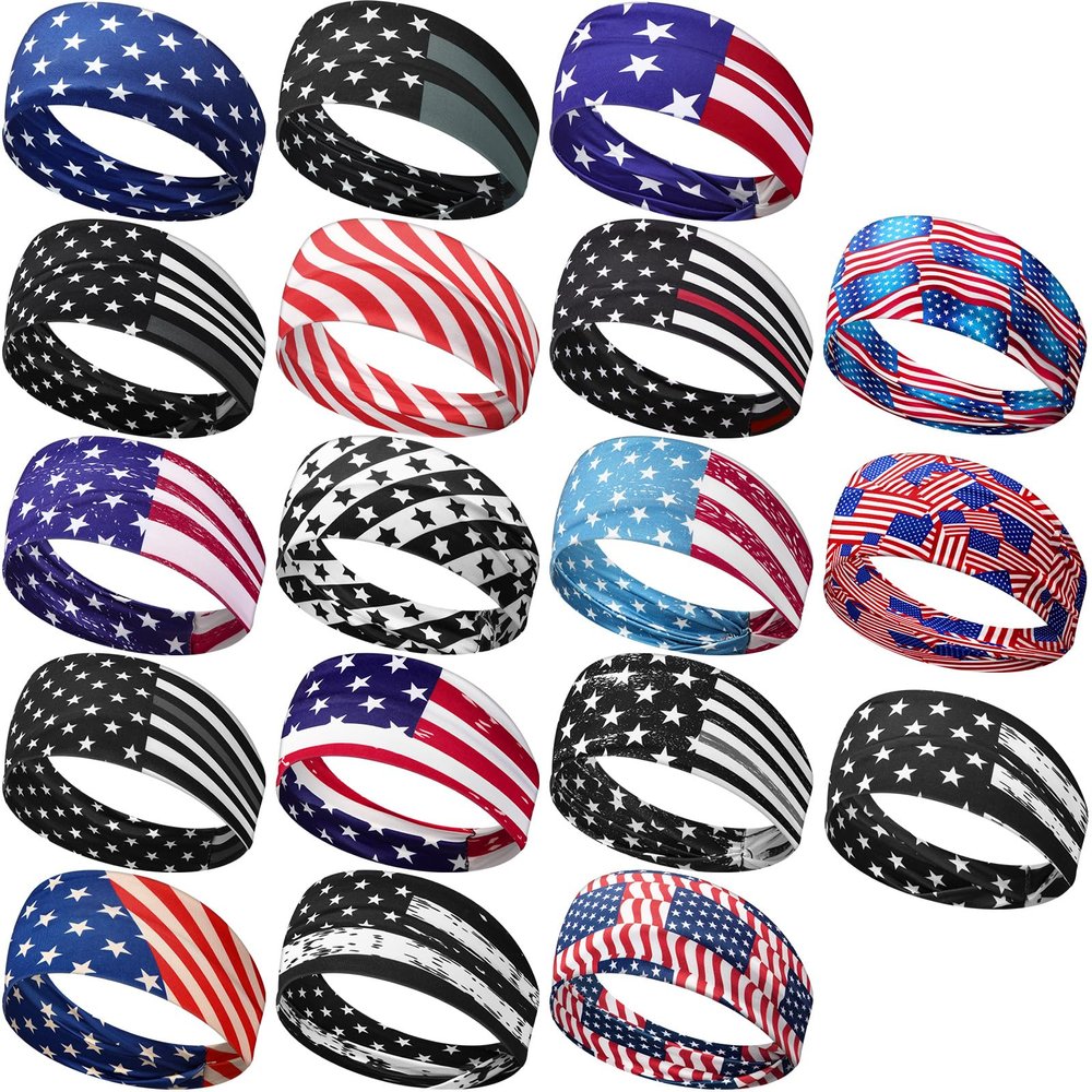 Wavyknot 18 Pcs Sports Sweatbands for Men Women Camo Headbands Workout Non Slip Headbands Breathable Head Band Fitness Stretchy Unisex Hairband for Yoga Running Cycling Ball (Red Blue,Flag)