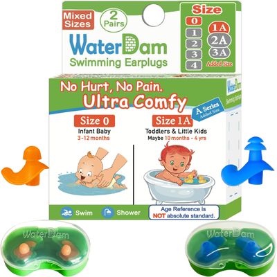 WaterDam A-Series Swimming Ear Plugs Ultra Comfy Great Waterproof Earplugs (Mixed Sizes, Size 0+1A: Infants Babies Toddlers 3-18months (Orange Blue))