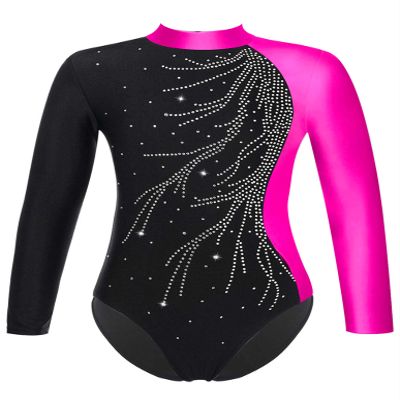 Shinsto Gymnastics Leotards for Girls Long Sleeve Rhinestone Ice Skating Jumpsuit Ballet Dancewear Rose 6 Years