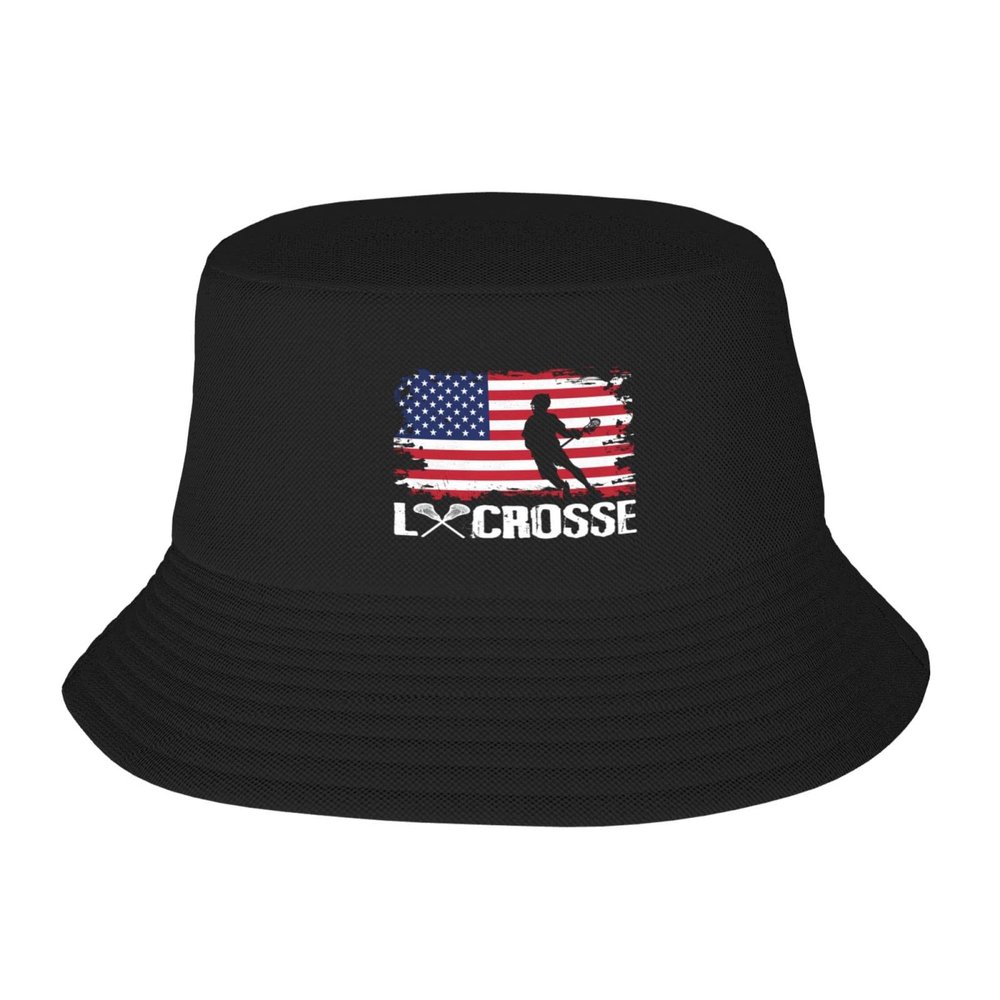 Lacrosse American Flag Funny Gifts Unisex Bucket Hats Sun Hat for Womens Men Beach Bucket Hat Bucket Cap Summer Cap Black