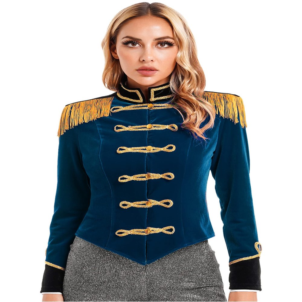 WinChang Women's Circus Ringmaster Jacket Tassel Coat Victorian Medieval Long Sleeves Christmas Tailcoat Xmas Party Costume Dark Blue X-Large