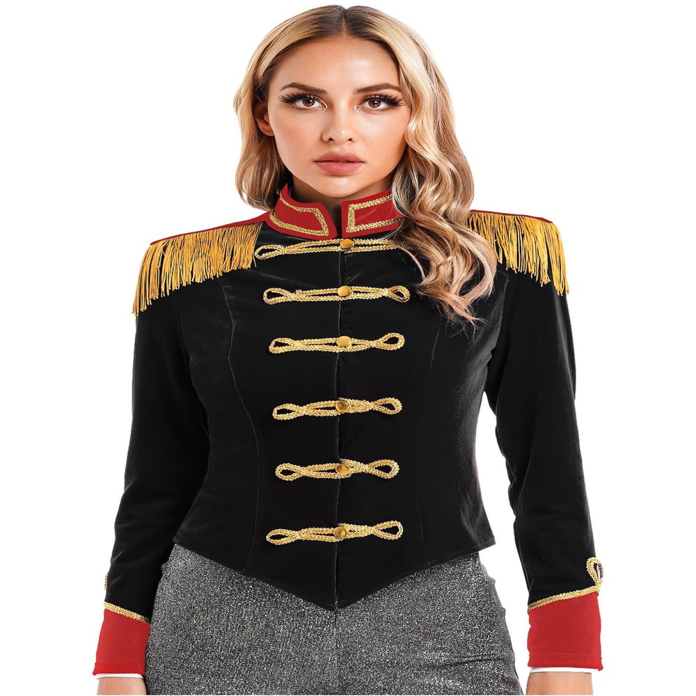 WinChang Women's Circus Ringmaster Jacket Tassel Coat Victorian Medieval Long Sleeves Christmas Tailcoat Xmas Party Costume Black Large