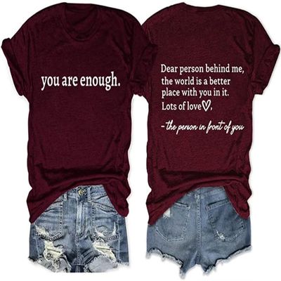 (1PC Printed Front and Back) You are Enough Funny Letter Printed Shirts Women Casual Inspirational T Shirt Wine Red
