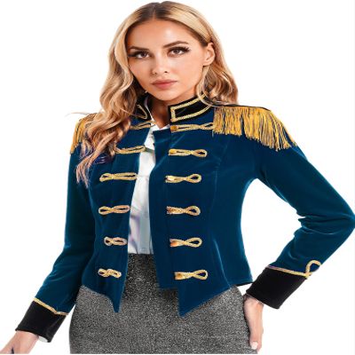 Freebily Womens Adult Ringmaster Fringed Jacket Costume Ringleader Lion Tamer Christmas Outfit Velvet Vintage Tailcoat Dark Blue X-Large