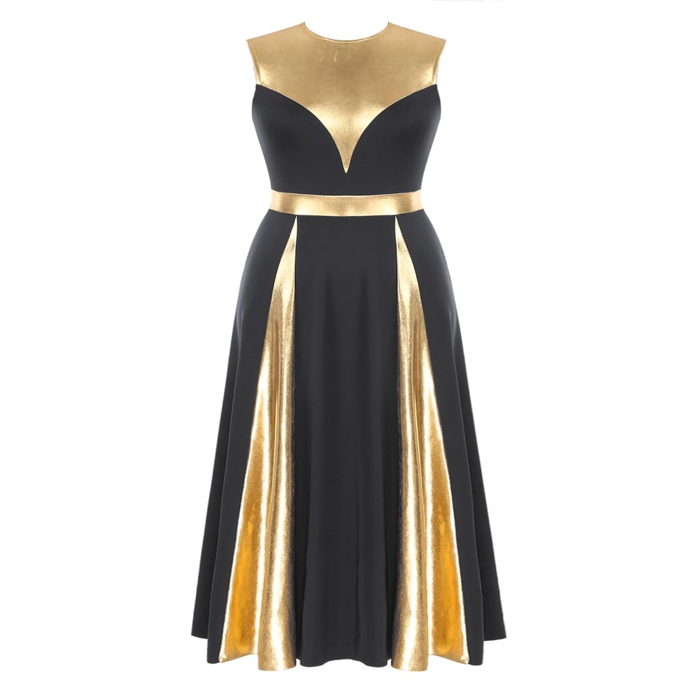Hularka Women Metallic Color Block Liturgical Praise Dance Dress Lyrical Dancewear Church Maxi Robe Worship Costume V04_BK Small