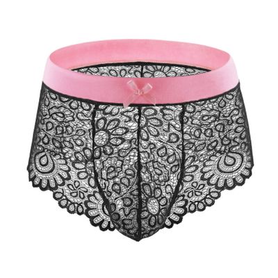 iiniim Men's Crochet G-String Hollow Out Thongs Bodycon Low Waist Sexy Underwear Briefs Pink&Black Underpants XX-Large