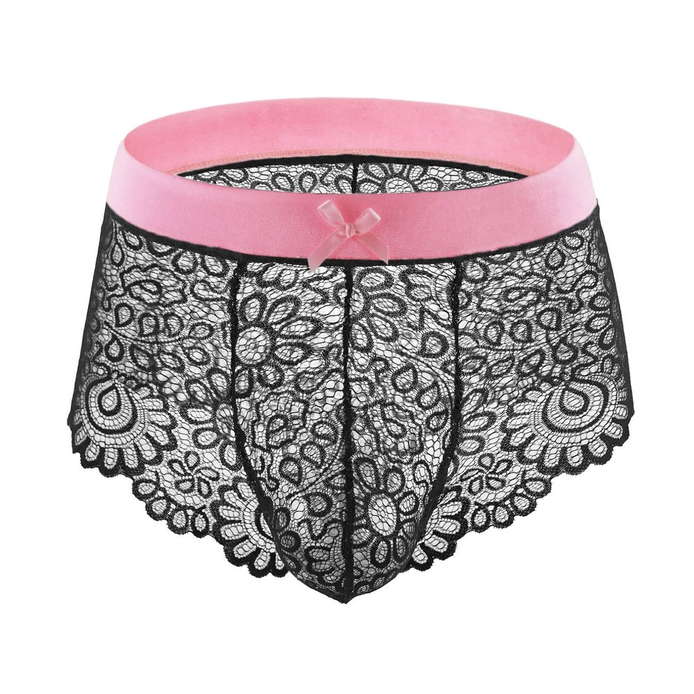 iiniim Men's Crochet G-String Hollow Out Thongs Bodycon Low Waist Sexy Underwear Briefs Pink&Black Underpants XX-Large