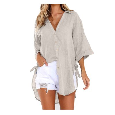 2024 New Women 3/4 Sleeve Long Sleeve Boyfriend Button Down Shirts Asymmetrical Casual Lace Up Oversized Tunic Tops