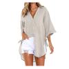 2024 New Women 3/4 Sleeve Long Sleeve Boyfriend Button Down Shirts Asymmetrical Casual Lace Up Oversized Tunic Tops view 1