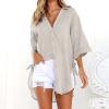 2024 New Women 3/4 Sleeve Long Sleeve Boyfriend Button Down Shirts Asymmetrical Casual Lace Up Oversized Tunic Tops view 2