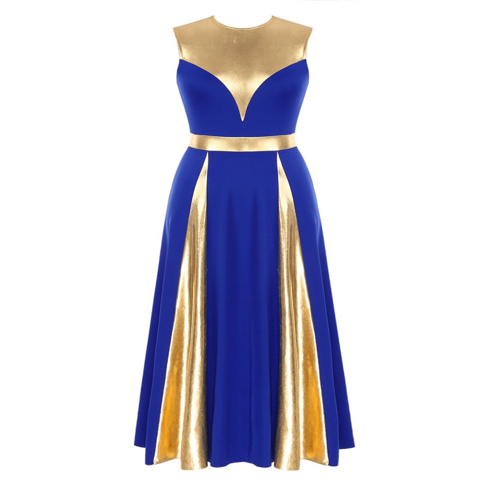 JanJean Women Sleeveless Metallic Praise Dance Tunic Overlay Lyrical Modern Dance Performance Costume Blue X-Large