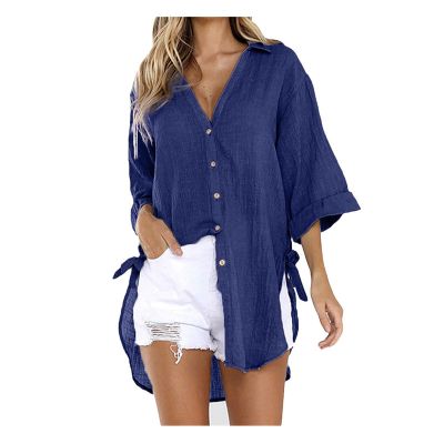 2024 New Women 3/4 Sleeve Long Sleeve Boyfriend Button Down Shirts Asymmetrical Casual Lace Up Oversized Tunic Tops