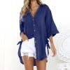 2024 New Women 3/4 Sleeve Long Sleeve Boyfriend Button Down Shirts Asymmetrical Casual Lace Up Oversized Tunic Tops view 2
