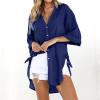 2024 New Women 3/4 Sleeve Long Sleeve Boyfriend Button Down Shirts Asymmetrical Casual Lace Up Oversized Tunic Tops view 3