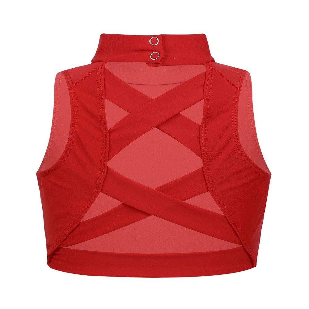 Hansber Girls Kids Criss Cross Back Mock Neck Crop Tops Bra for Ballet Dance Sports Workout Activewear Red 6