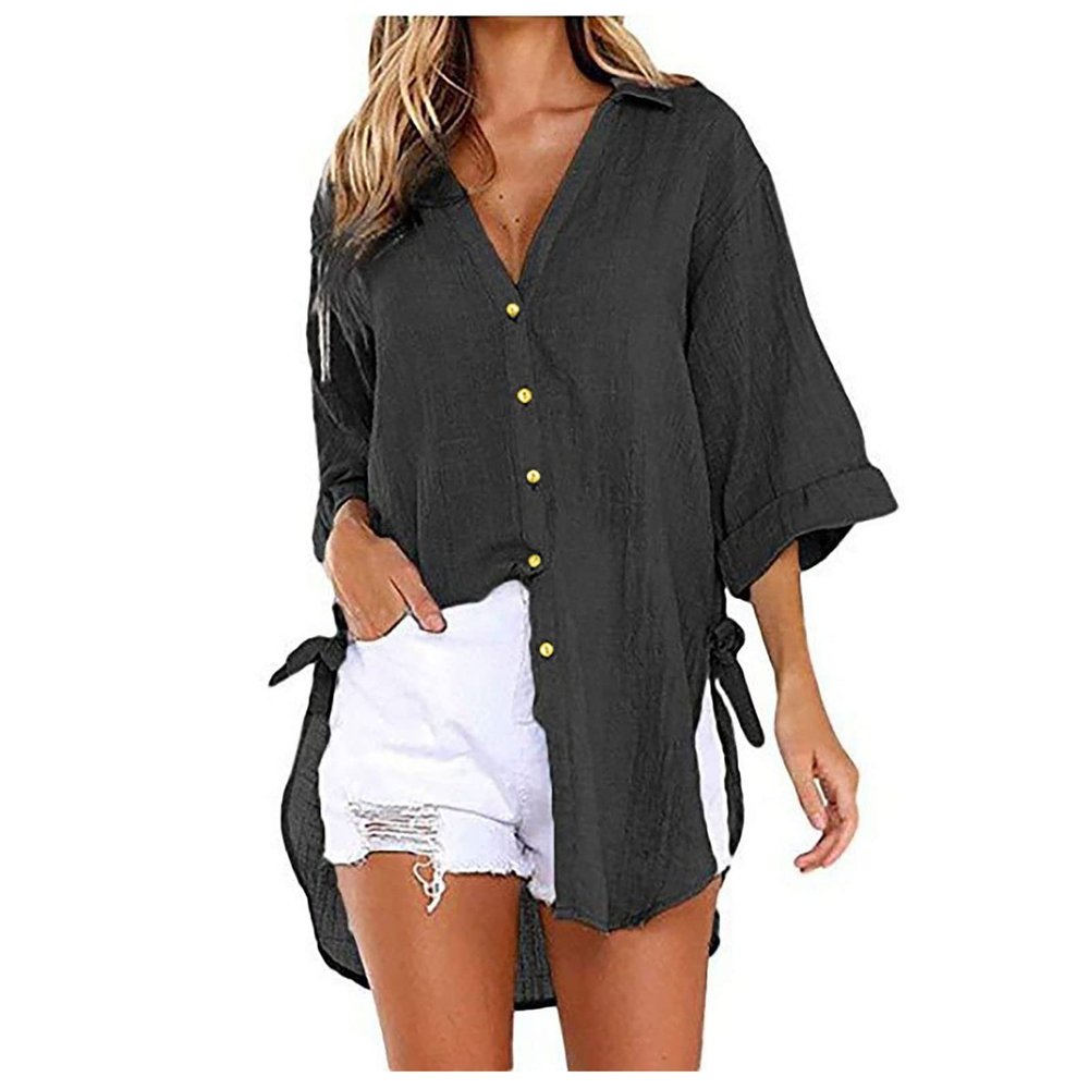 2024 New Women 3/4 Sleeve Long Sleeve Boyfriend Button Down Shirts Asymmetrical Casual Lace Up Oversized Tunic Tops