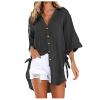 2024 New Women 3/4 Sleeve Long Sleeve Boyfriend Button Down Shirts Asymmetrical Casual Lace Up Oversized Tunic Tops view 1