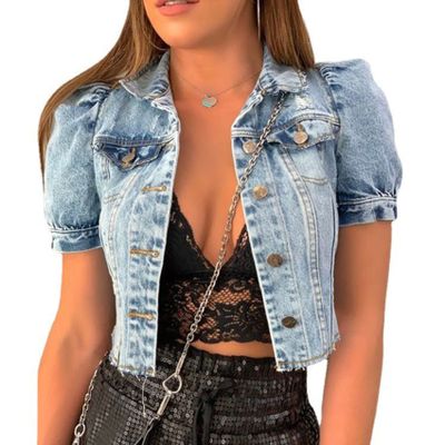 NLAVW Women Short Sleeve Denim Jacket Casual Denim Jacket Solid Color Vintage Short Jacket Outerwear,Blue,L