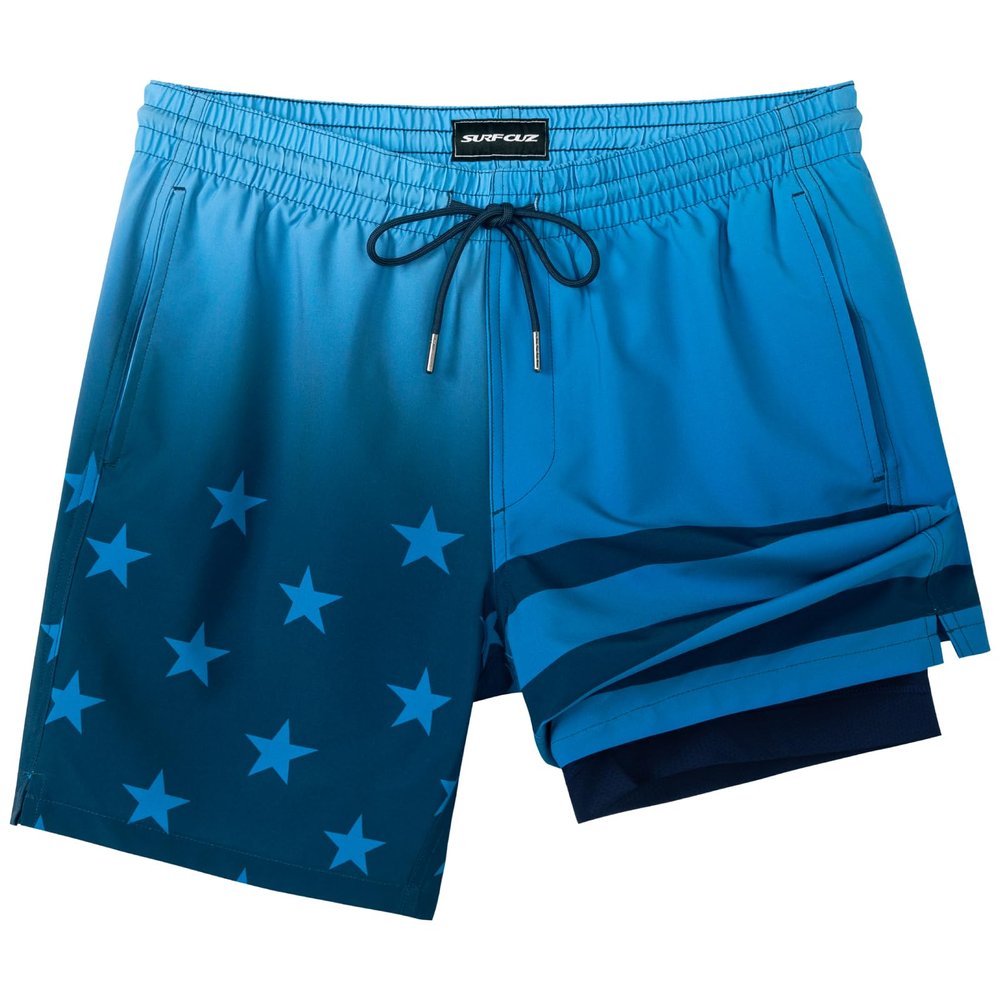 SURF CUZ Mens Swim Trunks with Compression Liner Quick Dry Swim Shorts 7" Swimming Trunks Stretch Zipper Pockets Blue Gradient Flag X X-Large