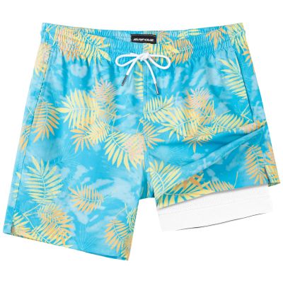 SURF CUZ Mens Swim Trunks with Compression Liner Quick Dry Swim Shorts 7" Swimming Trunks Stretch Zipper Pockets Blue Yellow Leaves Small