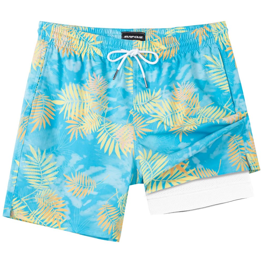 SURF CUZ Mens Swim Trunks with Compression Liner Quick Dry Swim Shorts 7" Swimming Trunks Stretch Zipper Pockets Blue Yellow Leaves Small