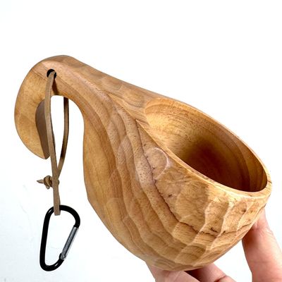 Sanrich Wooden Mug Kuksa Handcrafted Wood Camp Mug Survival Wood Cup Camping Cups & Mugs with Carabiner Leather Lanyard For Drinking Tea Coffee (6 ounces-Trunk cup)