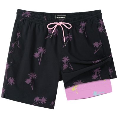 SURF CUZ Mens Swim Trunks with Compression Liner Quick Dry Swim Shorts 7" Swimming Trunks Stretch Zipper Pockets Black Palm Tree Small