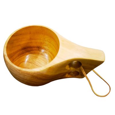 Sanrich Wooden Mug Kuksa Handcrafted Wood Camp Mug Survival Wood Cup Camping Cups & Mugs with Carabiner Leather Lanyard For Drinking Tea Coffee (6 ounces-smooth-two handle hole)