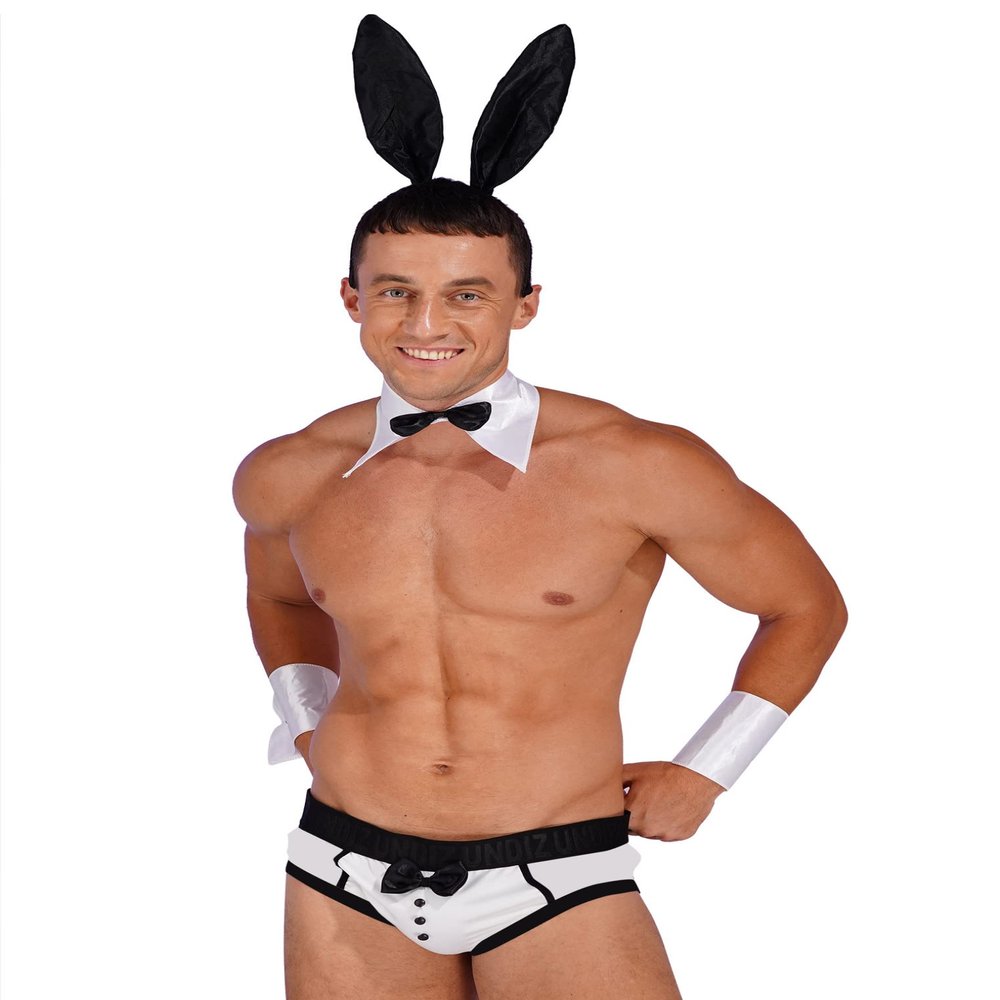 ACSUSS 3Pcs Set Mens Waiter Cosplay Suit Sexy Tuxedo G-String Thong Underwear with Bow Tie Collar Bracelets Ivory A Large