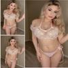Avidlove Bra and Panty Set Ruffle Lingerie Set Mesh Babydoll Chemise Pink Daisy XXX-Large view 3