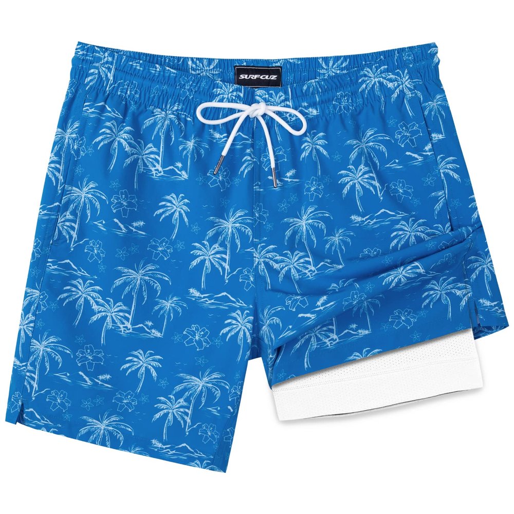 SURF CUZ Mens Swim Trunks with Compression Liner Quick Dry Swim Shorts 7" Swimming Trunks Stretch Zipper Pockets Blue Palm Island Medium
