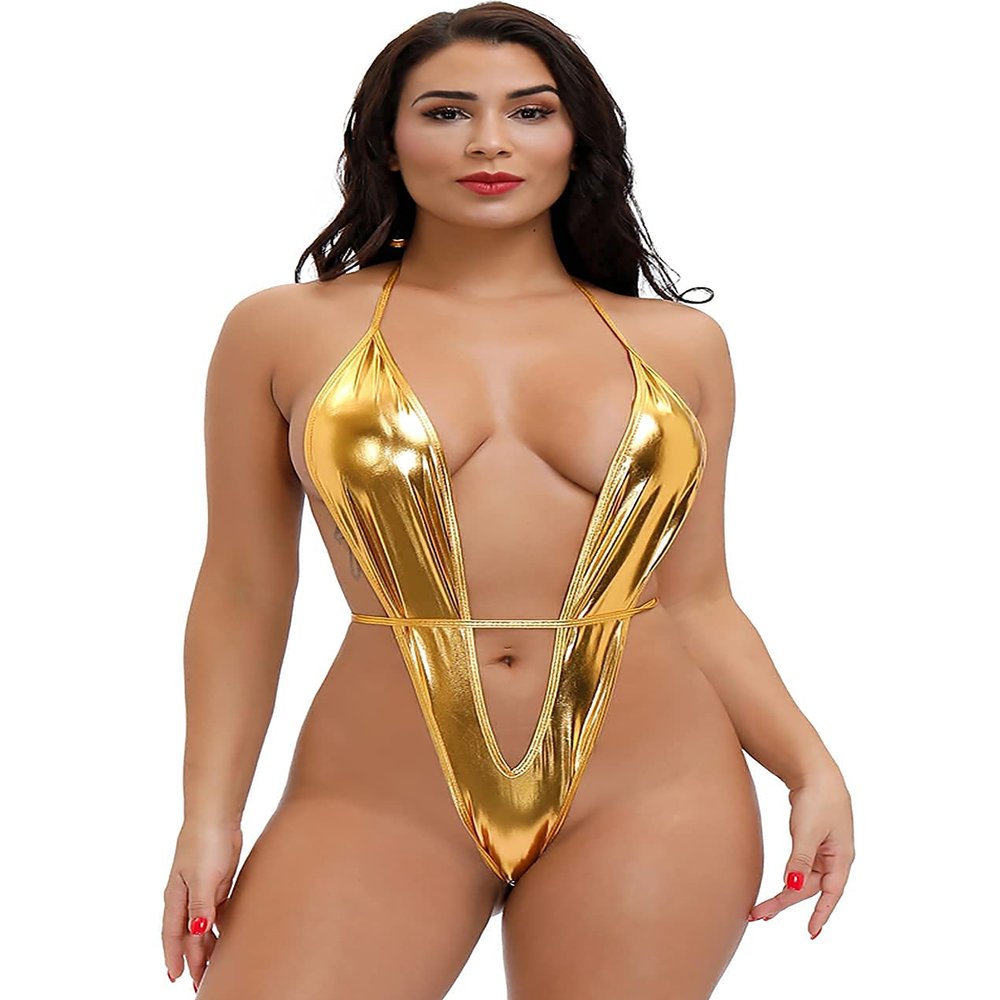 POGINO Sexy Mini Monokini Swimwear for Women PU Leather One-Piece Halter Extreme Micro Bikini Teddy Lingerie Slutty Swimsuit Gold