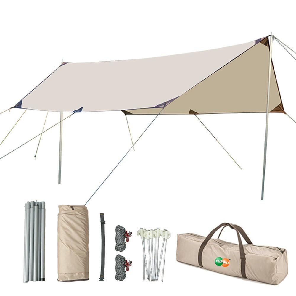 YUEWO 1510FT 210D Oxford UPF50+ Shelter Camping Tarp with 2 * 7FT Poles, Waterproof & Lightweight Tent Tarp, Rain Fly Sun Shelter, Can Used with Car,Tent & Hammock for Picnic, Garden & Outdoor