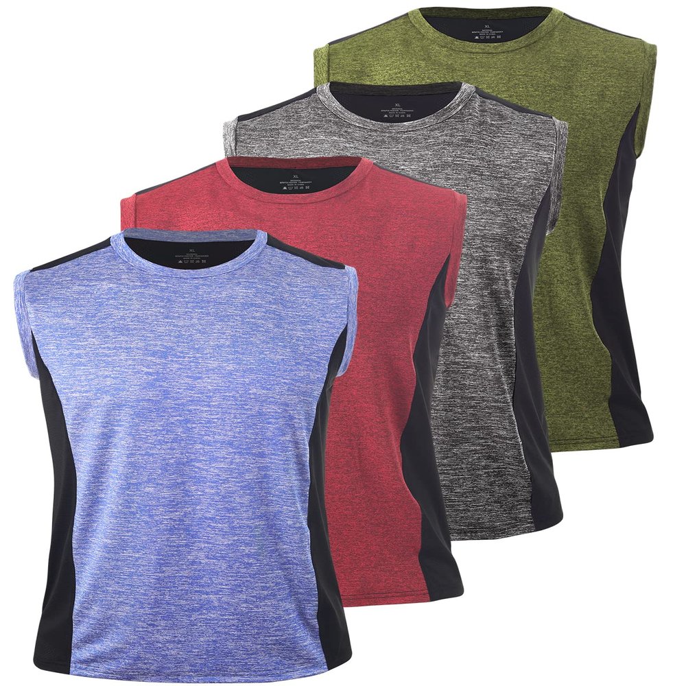 Vislivin Men's 4 Pack Tank Tops Sleeveless Workout Quick Dry Shirts Gym Muscle Shirts Athletic Bodybuilding Tee Yellow/Gray/Red/Blue XXL