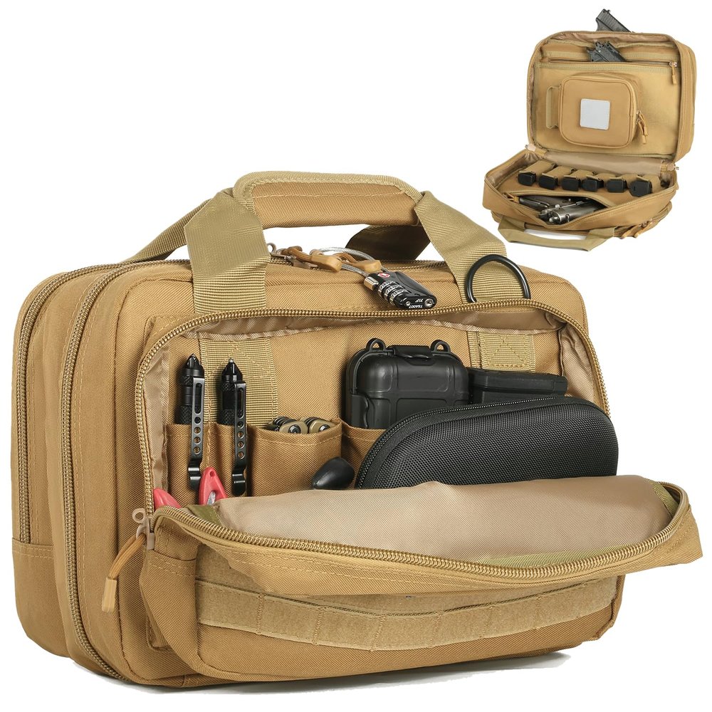 DBTAC Gun Case Bag Compact Small-PLUS | Tactical 3x Pistol Bag Handgun Revolver Shooting Case with Lockable Zipper for Shooting Range Outdoor Hunting, Brown