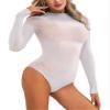 FEESHOW Women Shiny Glossy High Cut Bodystocking See Through Sheer Bodysuit with 5 Finger Gloves White Crotchless A One Size view 1