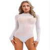 FEESHOW Women Shiny Glossy High Cut Bodystocking See Through Sheer Bodysuit with 5 Finger Gloves White Crotchless A One Size view 3
