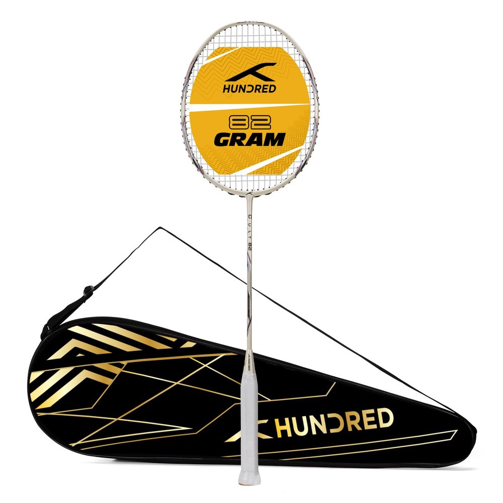 HUNDRED Cult 82 Feather Lite Carbon Fibre Strung Badminton Racket with Full Racket Cover for Intermediate Players (82g,Max Tension - 32LBS)