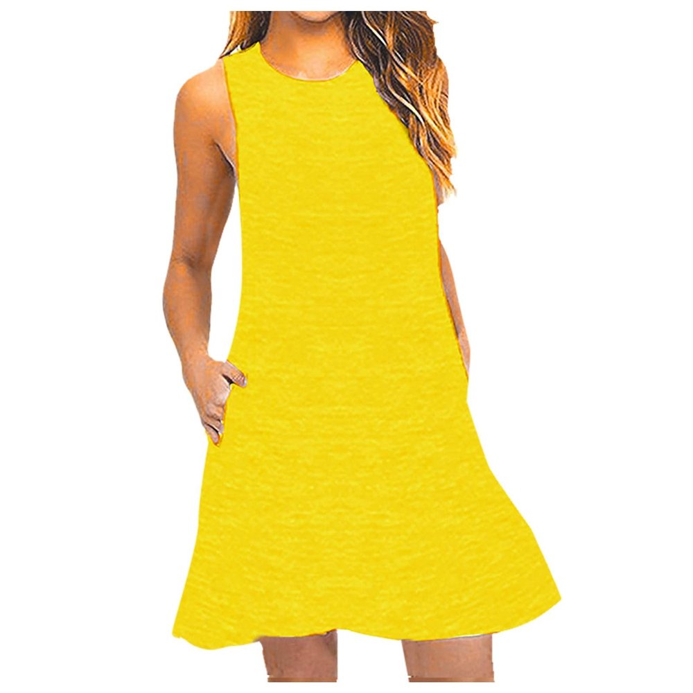 Canbebig Summer Dresses for Women Beach Solid Tshirt Sundress Sleeveless Casual Loose Swing Short Tank Dress with Pockets Yellow