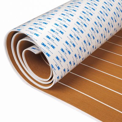 OCEANBROAD Self-Adhesive 96''x7.2'' Boat Flooring with 3M Adhesive Backing EVA Foam Boat Decking Faux Teak Marine Non-Slip Sheet for Jon Boats Yacht Helm Pad Floor, Brown with White Seam Lines